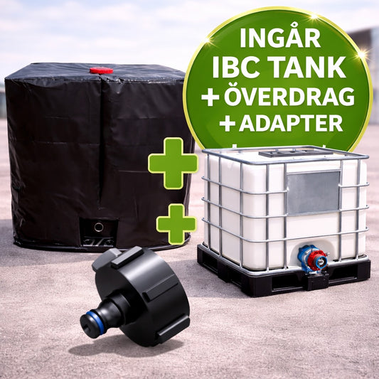 IBC-tank 1000 liter rekonditionerad med Gardena-adapter och svart skydd